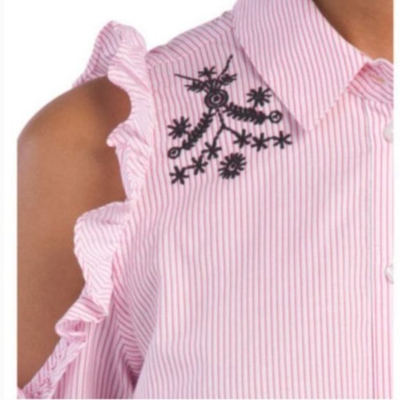 Nanette Lepore Ruffle Cold Shoulder button up shirt szM - Picture 2 of 14